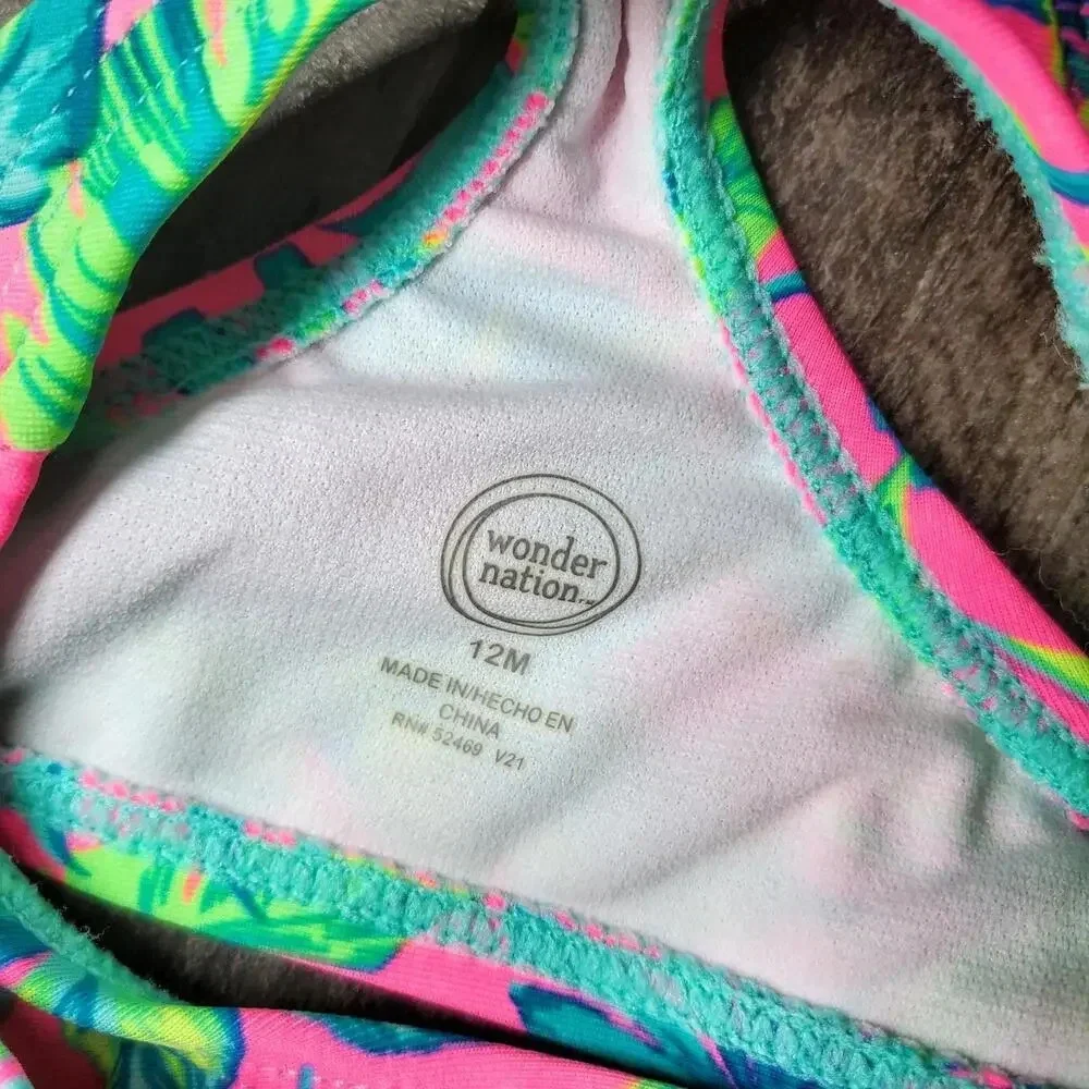 Wonder Nation Baby Girl 2 pc Swimsuit Bikini Size 12m Teal Hot Pink Tropical